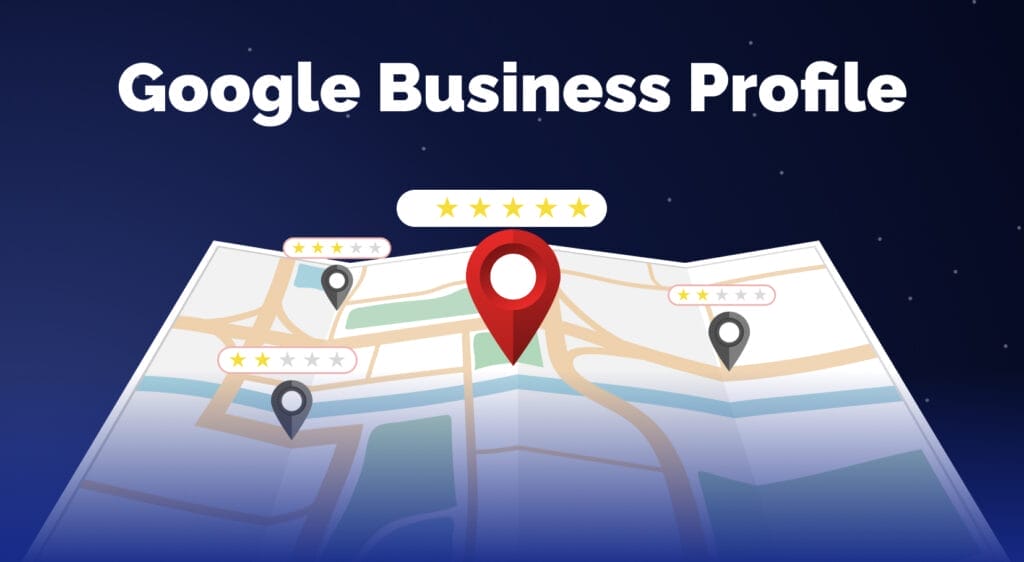 custom graphic of Google Business Profile with map and pin and 5 stars
