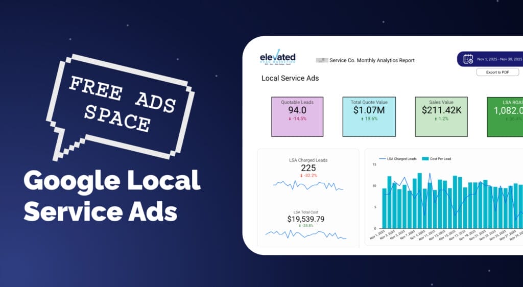 custom graphic showing google local service ads results for HVAC, plumbing, and electrical company with 1082% ROAS