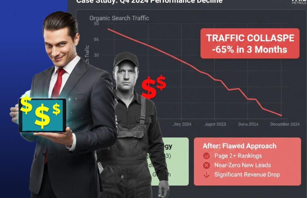 HVAC marketing case study showing a 65% traffic collapse and lost opportunity from a flawed marketing campaign.